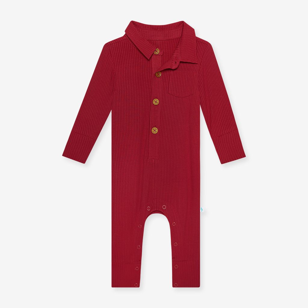 Posh Peanut Long Sleeve Collared Henley Long Romper - Solid Ribbed Red (Final Sale)