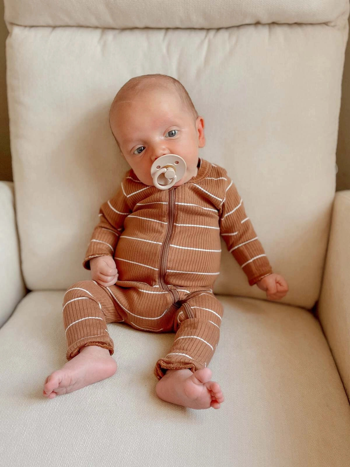 Organic 2-Way Zip Romper - Saddle Stripe Ribbed