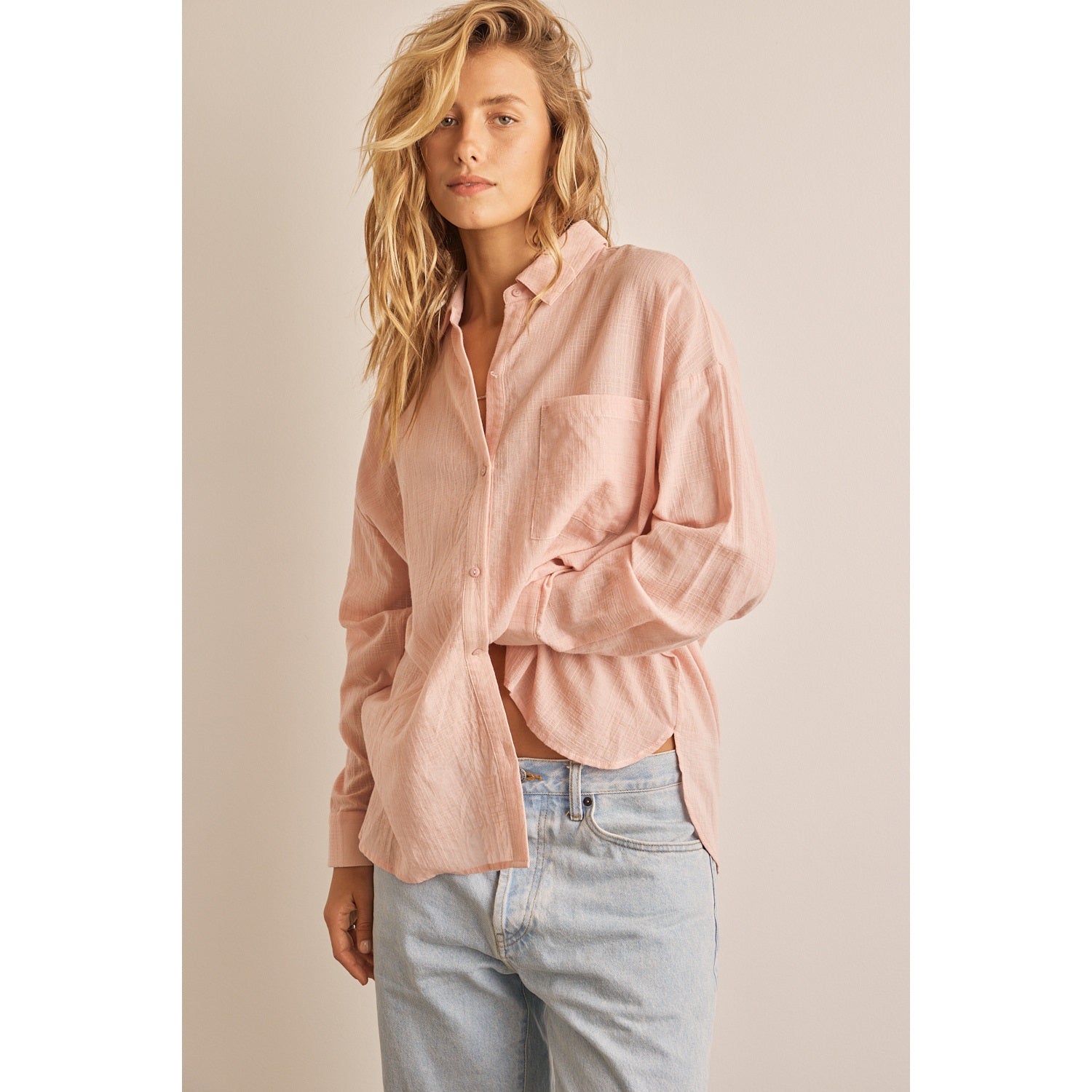 Loose Fit Grid Jacquard Textured Button Down Shirt - Blush