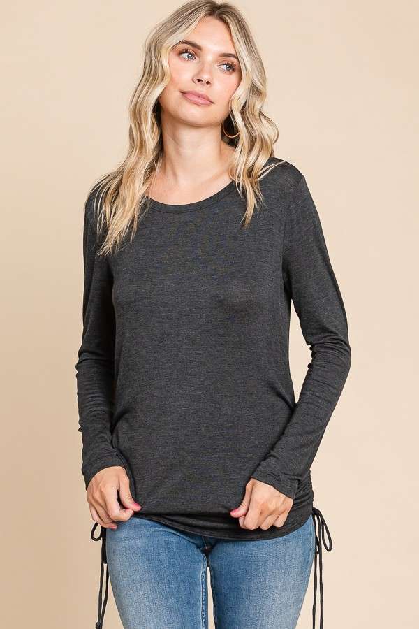 Crew Neck Side Draw String Top - Charcoal (Final Sale)