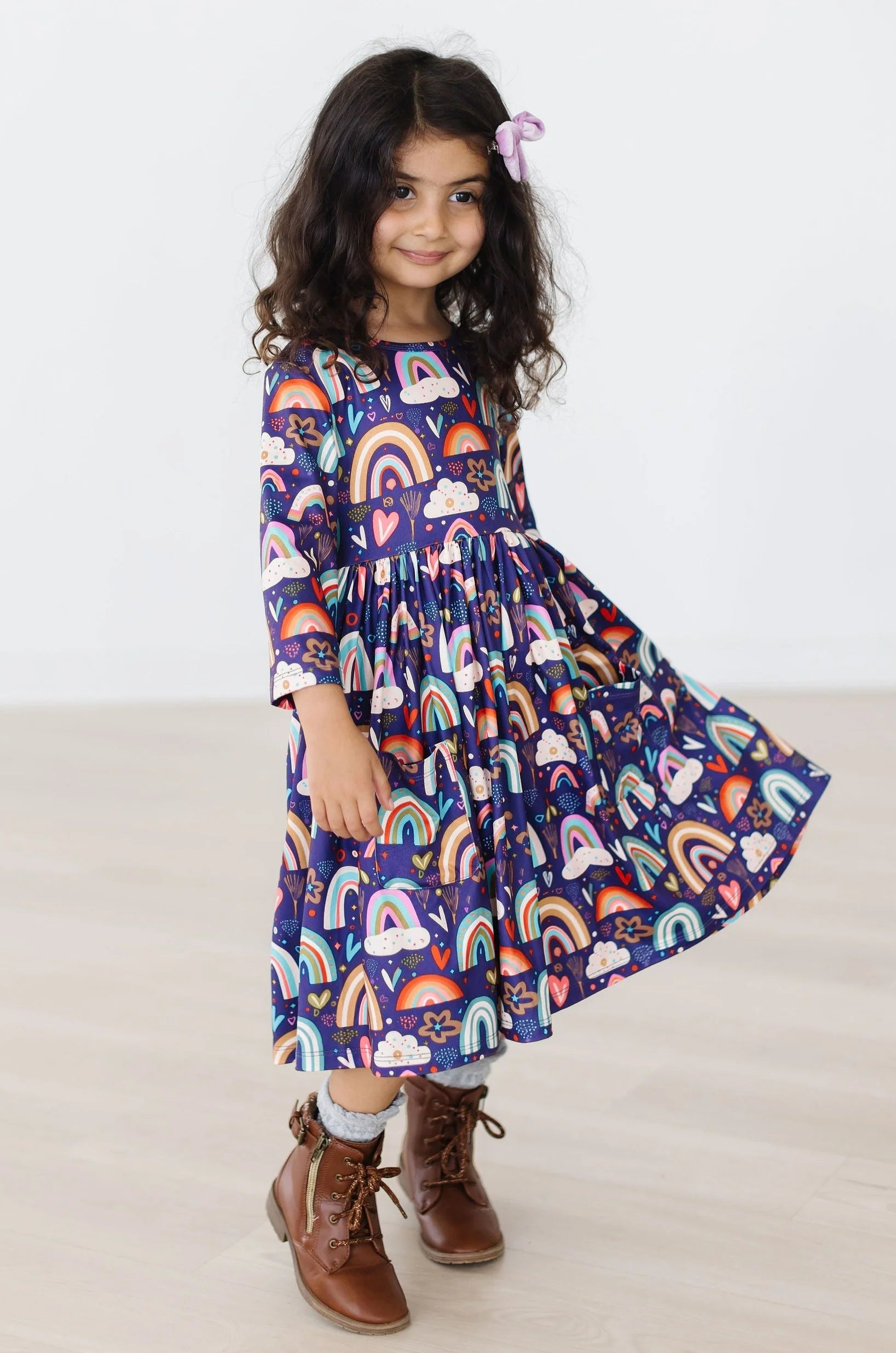 Mila & Rose 3/4 Sleeve Pocket Twirl Dress - Midnight Rainbow