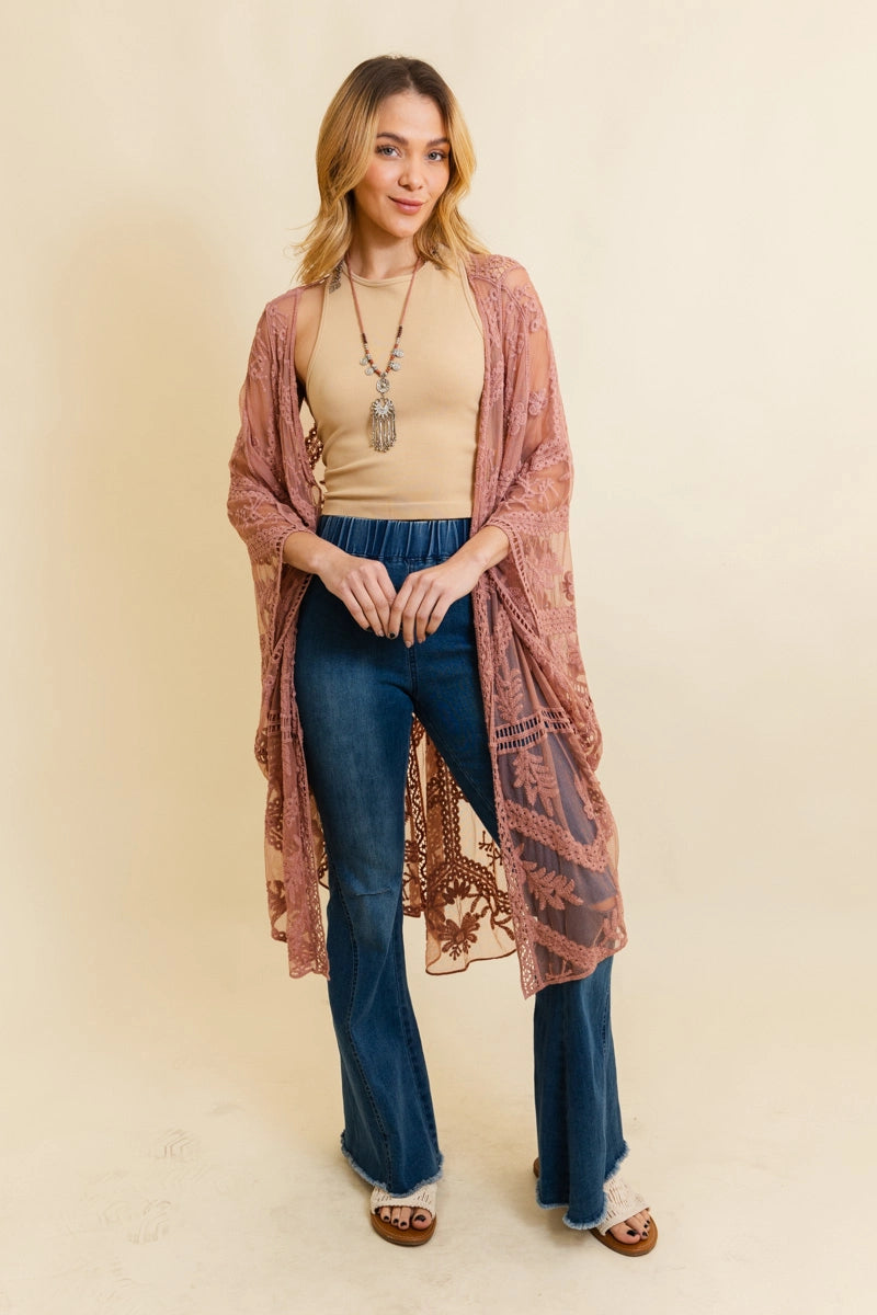 Embroidered Mesh Leaf Botanical Kimono - Rose