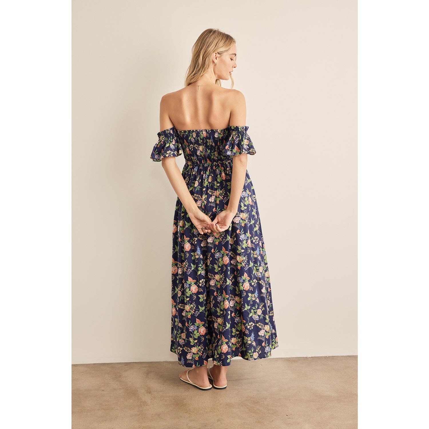 Smocked Off Shoulder Ruffle Sleeve Maxi Dress - Navy/Peach (Final Sale)