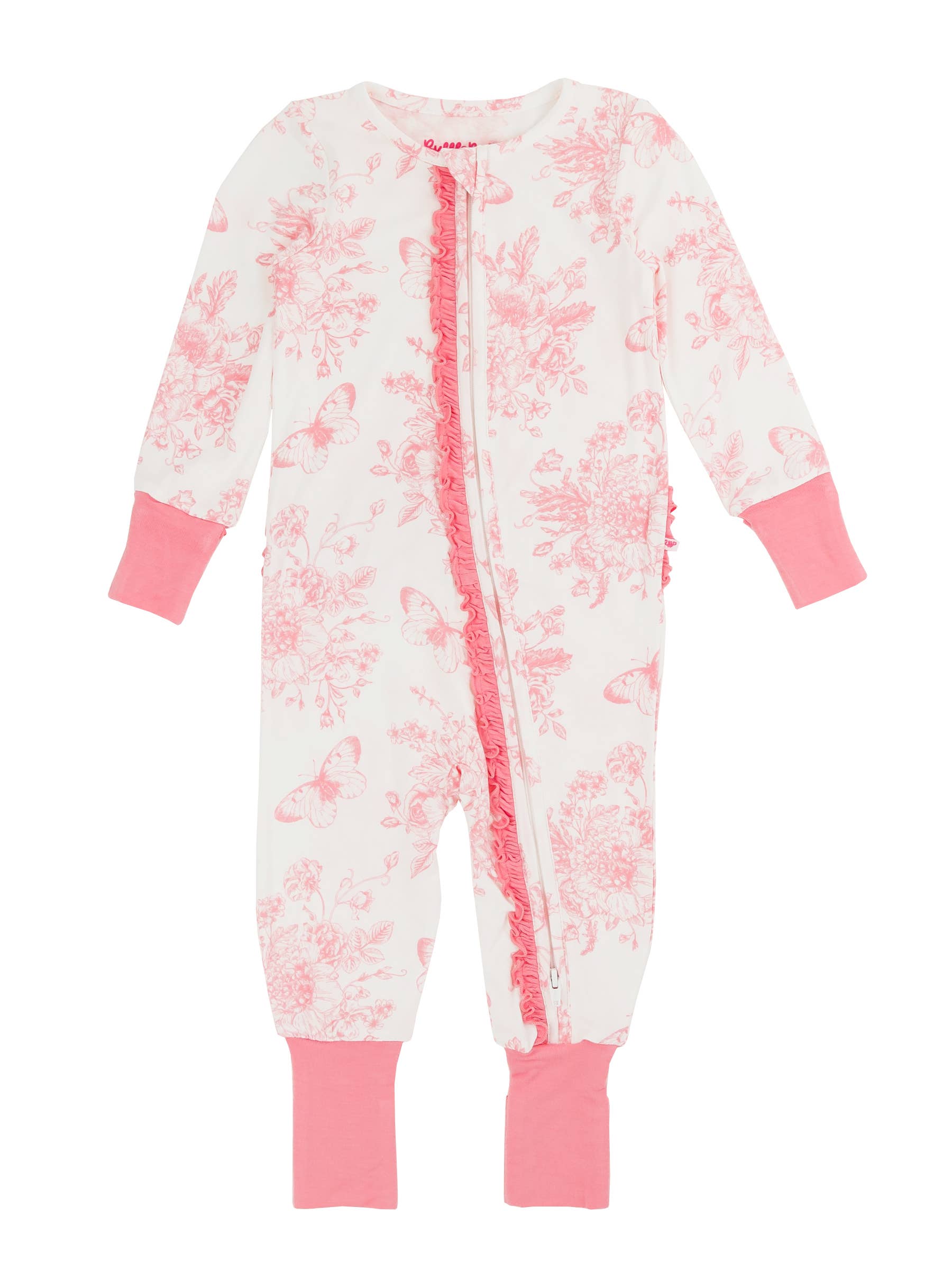 RuffleButts - Pink Butterfly Garden Toile Bamboo Convertible Ruffle One Piece Pajama