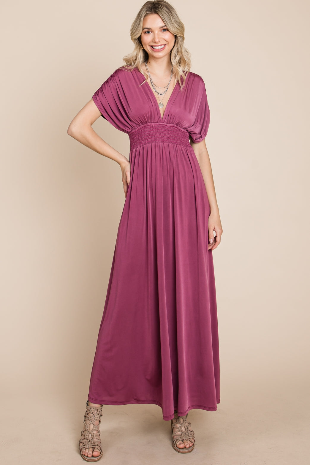 Maxi Dress with Ruched Sleeves - Grape