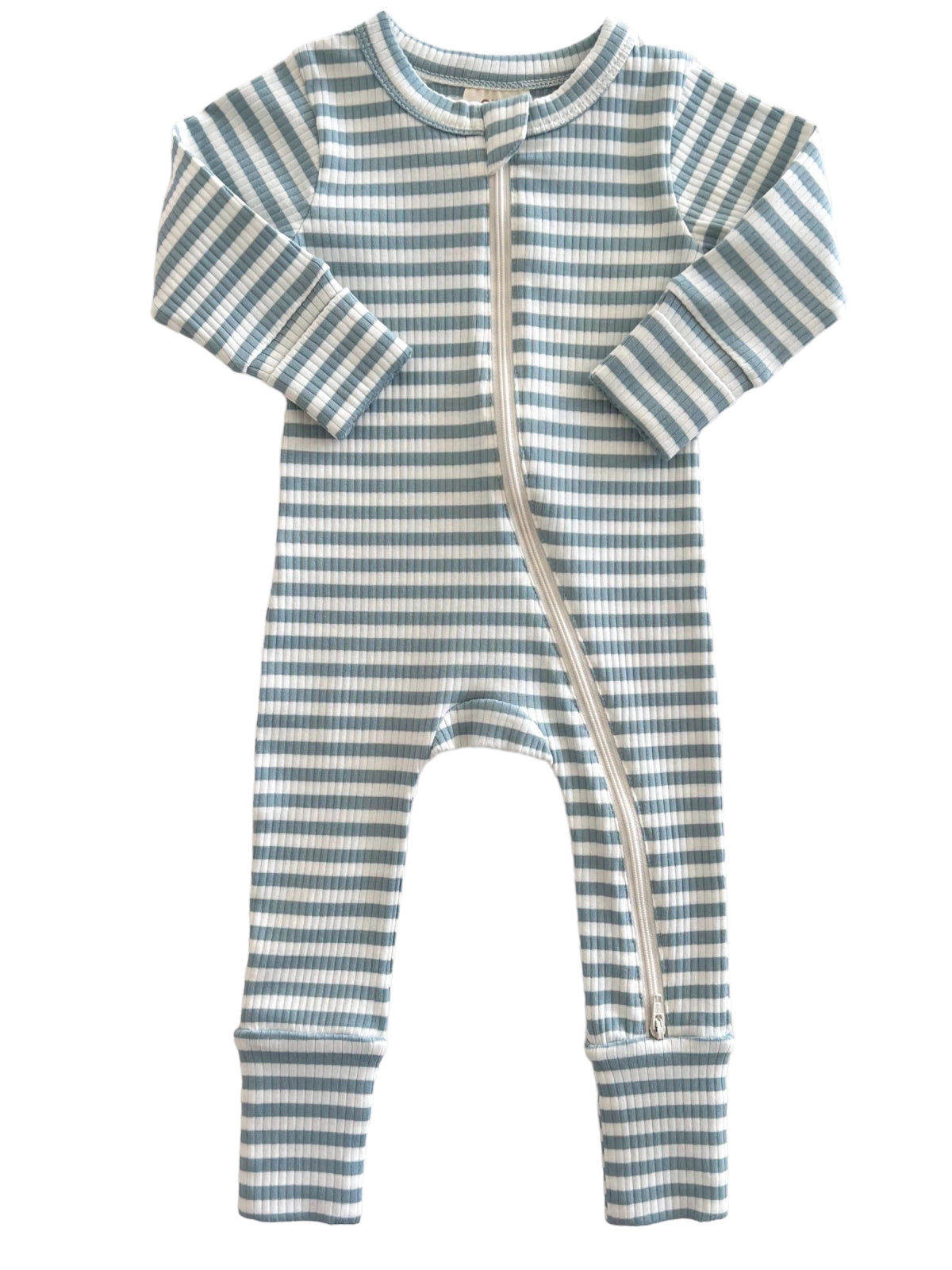 Organic 2-Way Zip Romper - Dusty Blue Stripe Ribbed