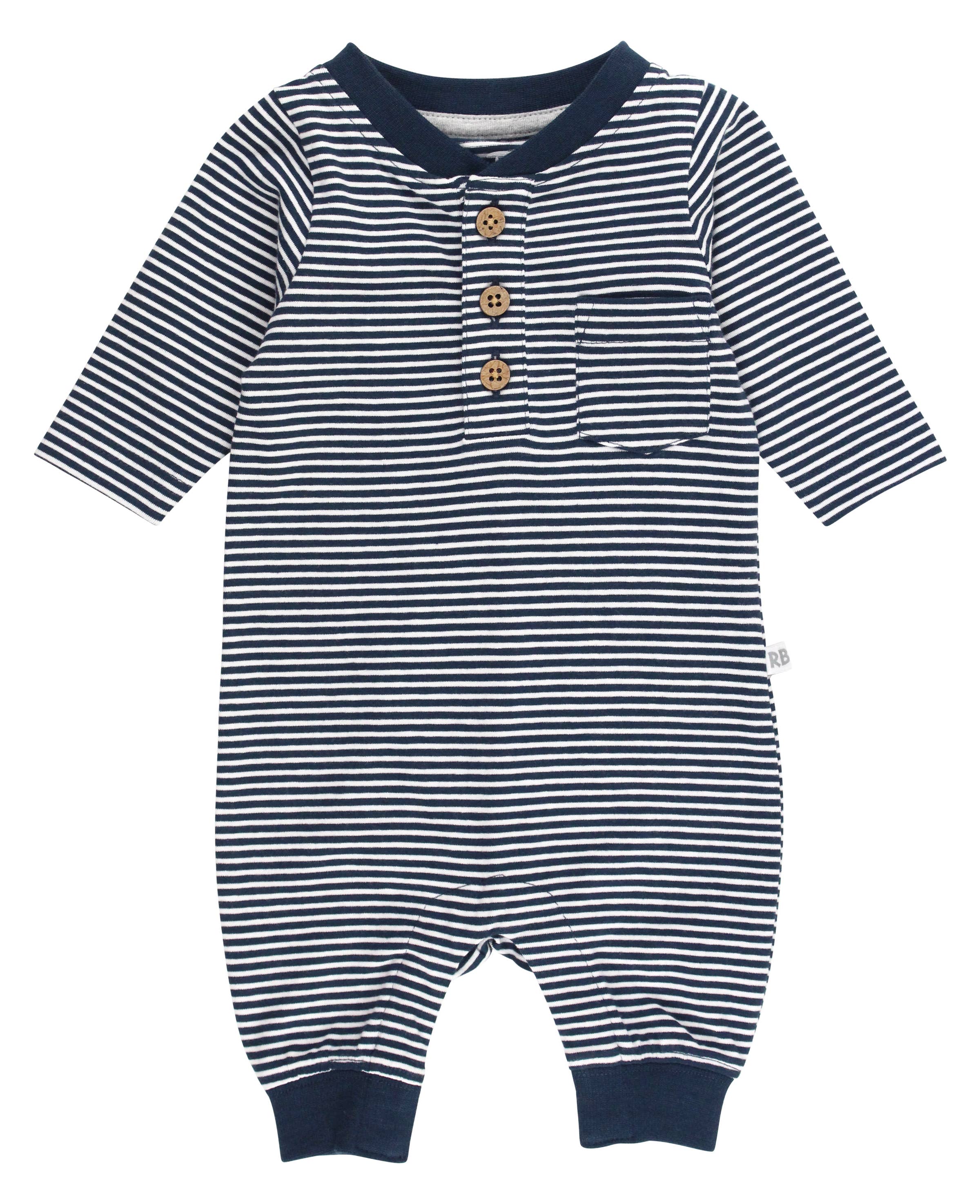 RuggedButts Knit Henley Pocket Romper - Tiny Navy Stripe