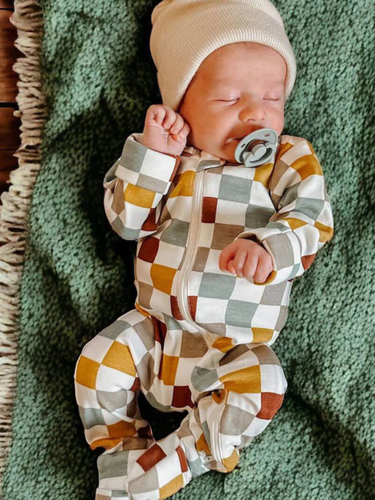 Organic 2-Way Zip Romper - Cannoli Checkerboard