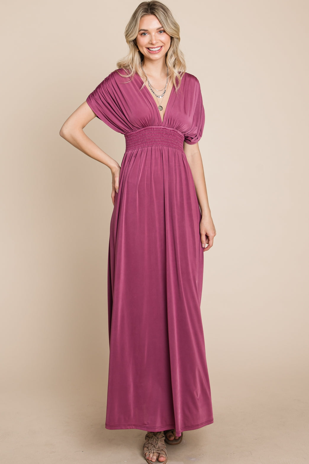 Maxi Dress with Ruched Sleeves - Grape (Final Sale)