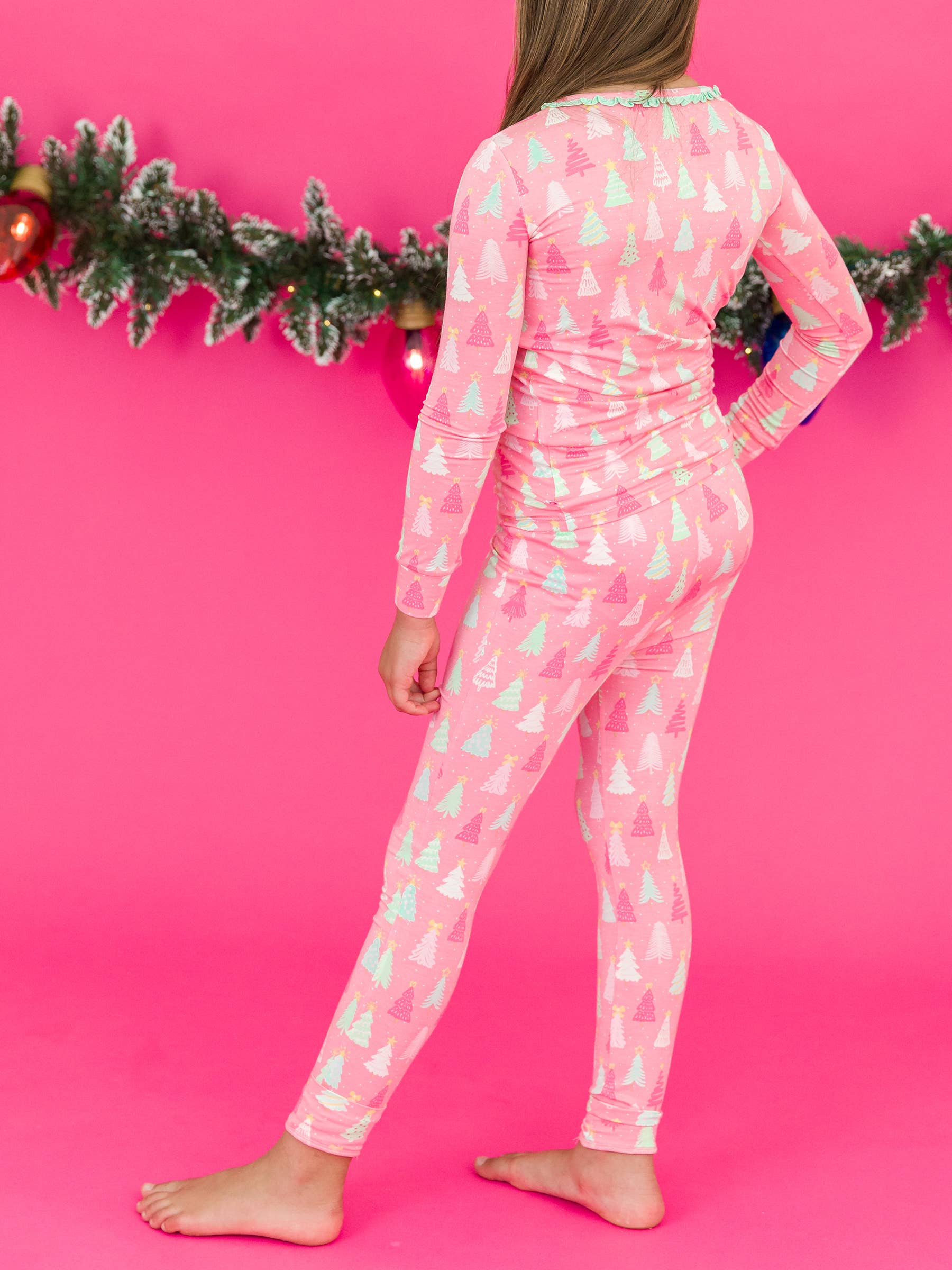 RuffleButts - Merry Pink Pines Bamboo Ruffle Long Sleeve Pajama Set