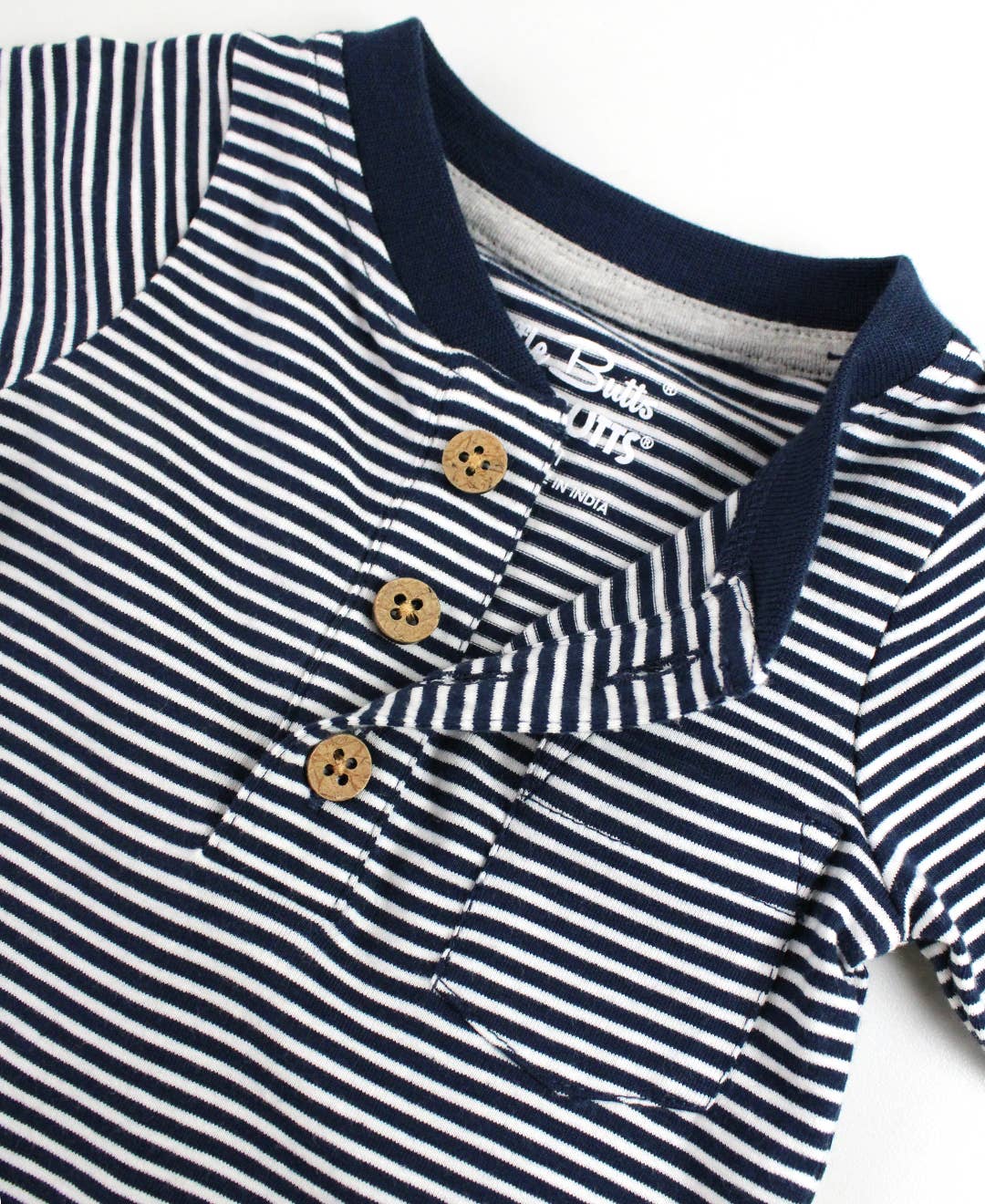 RuggedButts Knit Henley Pocket Romper - Tiny Navy Stripe