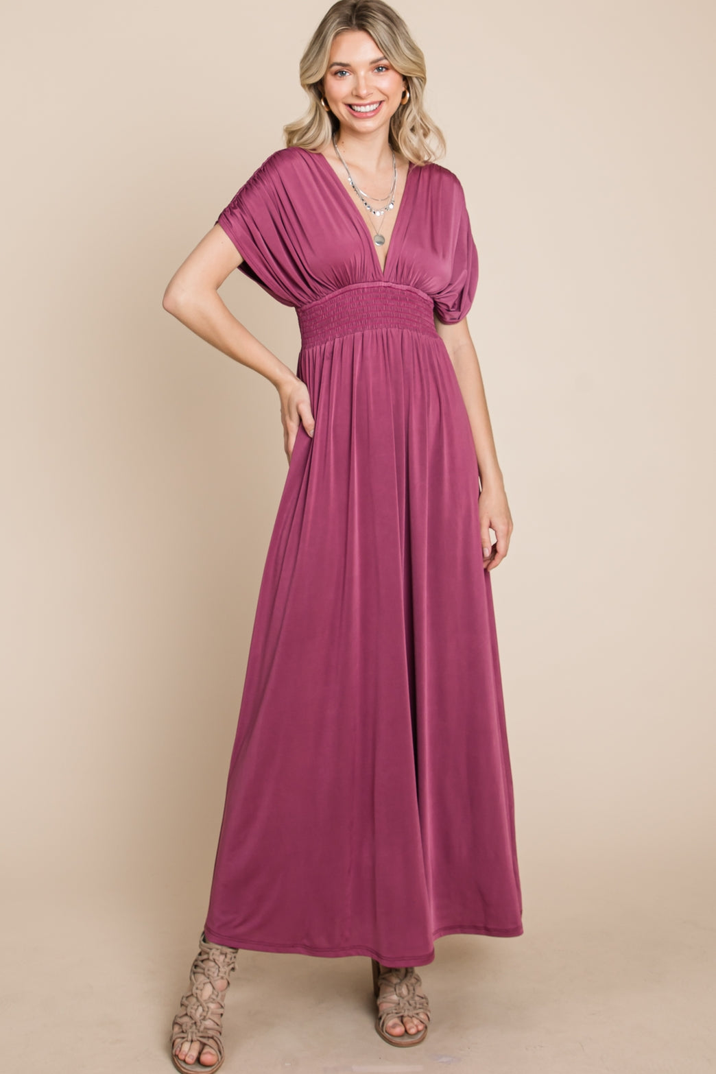 Maxi Dress with Ruched Sleeves - Grape