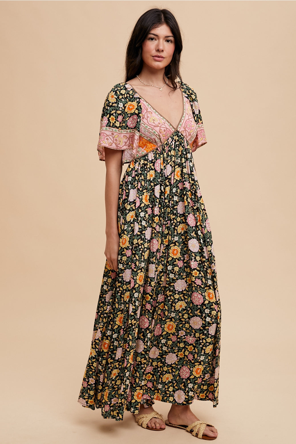 Midnight Floral Flutter Sleeve Maxi Dress (Final Sale)