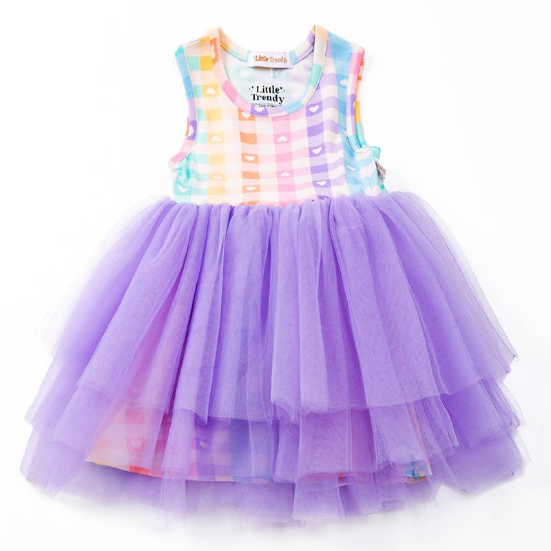 Little Trendy - Rainbow Pastel Plaid Bamboo Tulle Dress