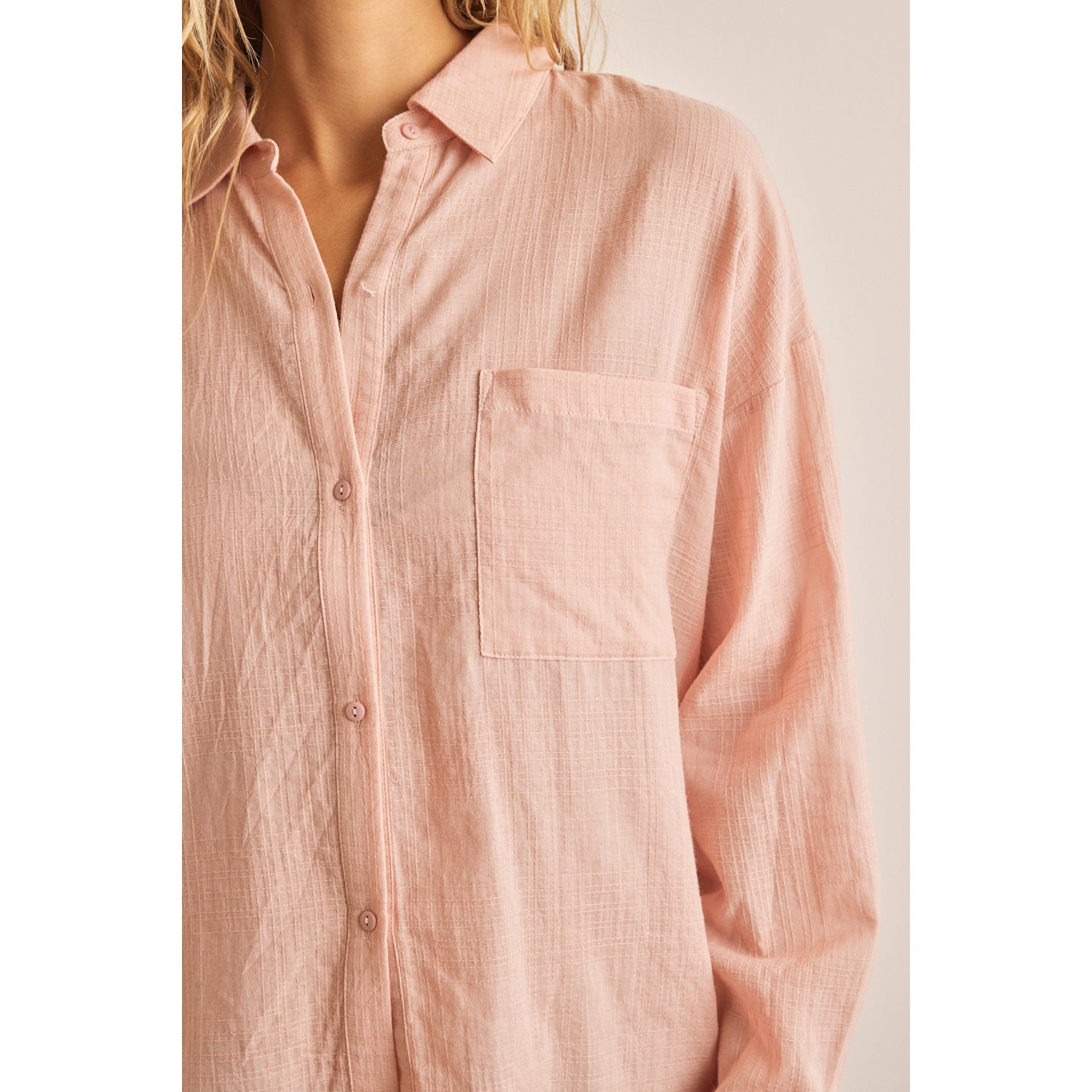 Loose Fit Grid Jacquard Textured Button Down Shirt - Blush