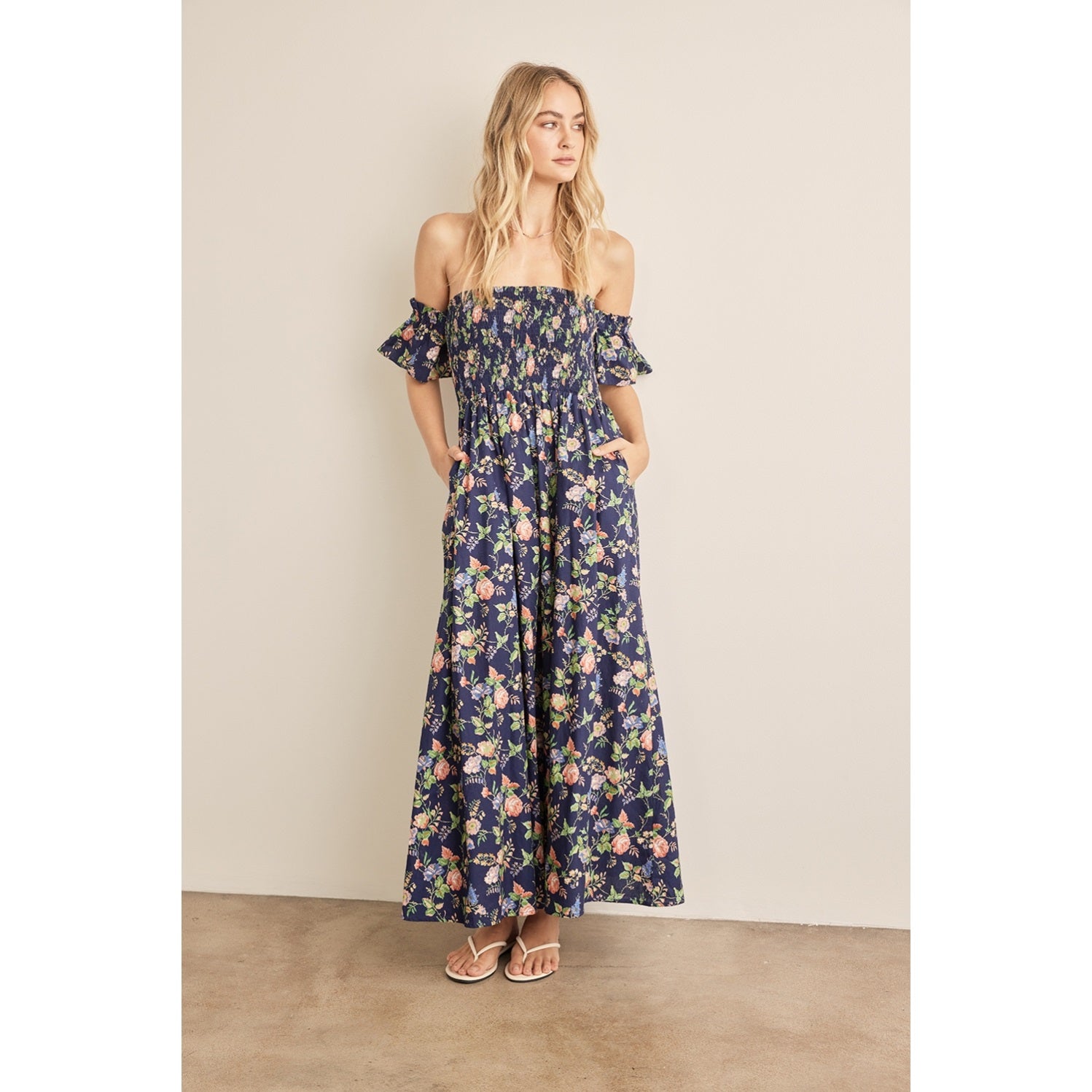 Smocked Off Shoulder Ruffle Sleeve Maxi Dress - Navy/Peach (Final Sale)