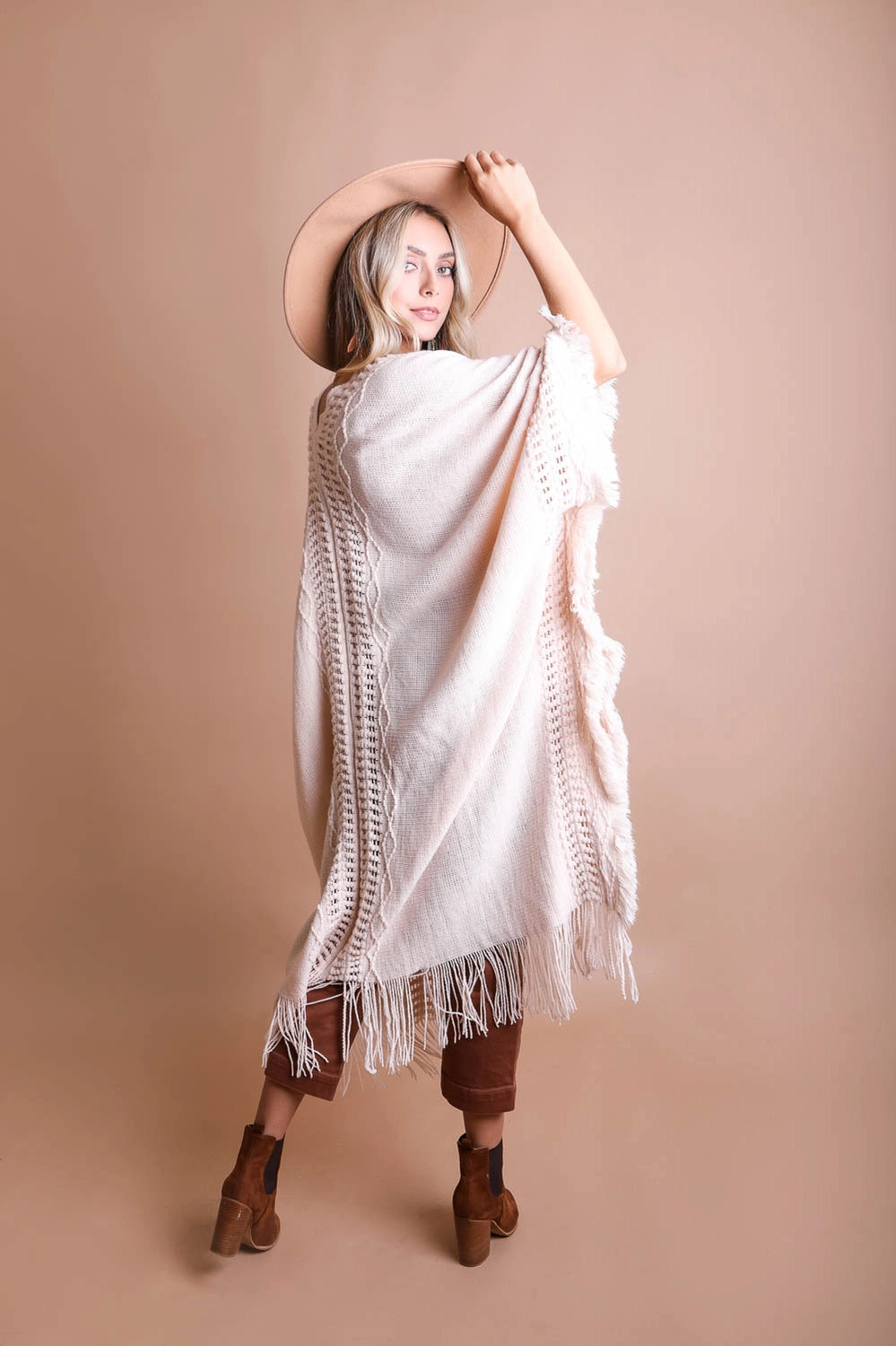 Open Work Frayed Border Bohemian Ruana - Cream