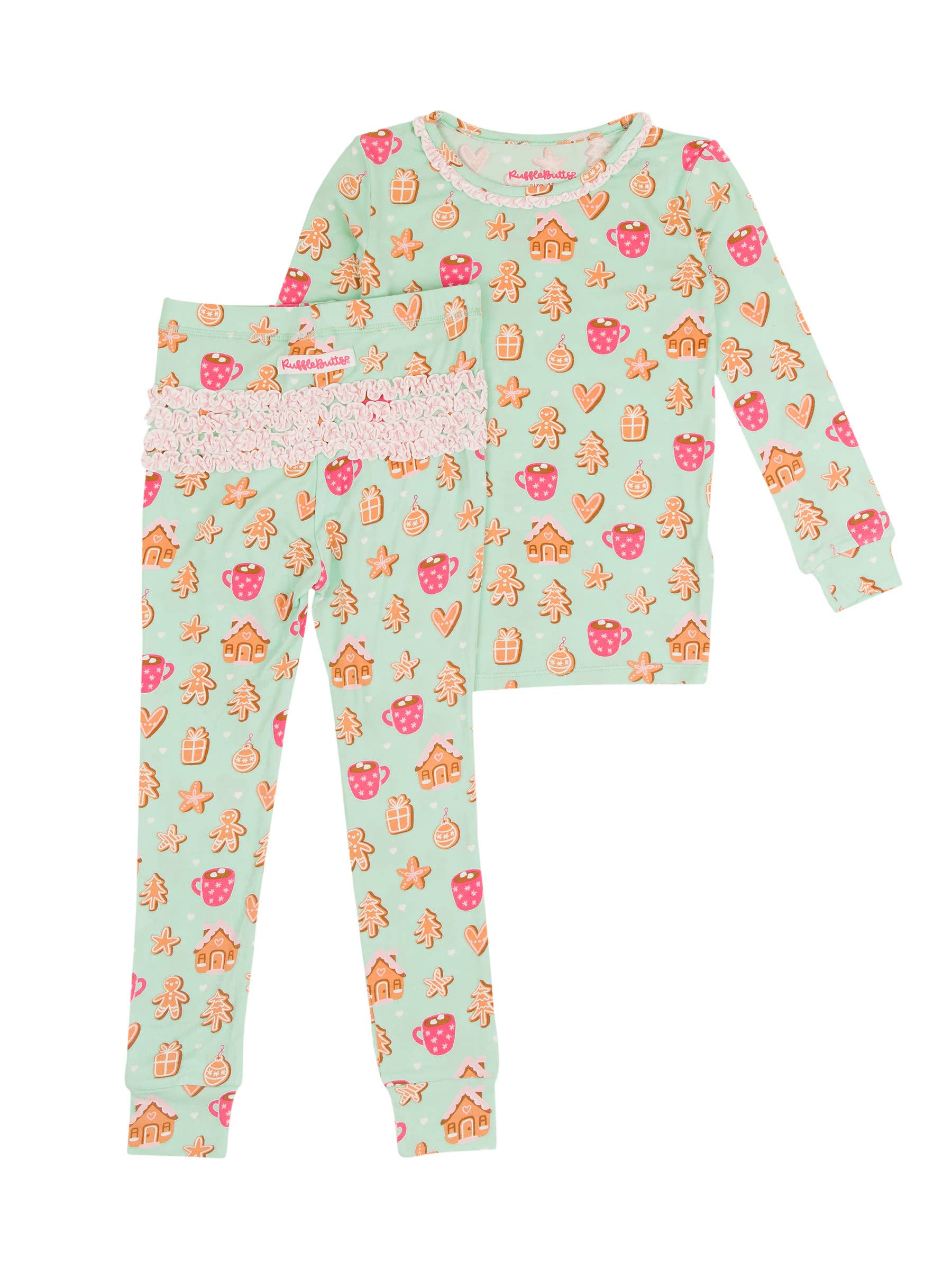 RuffleButts - Gingerbread Joy Bamboo Ruffle Long Sleeve Pajama Set (Final Sale)