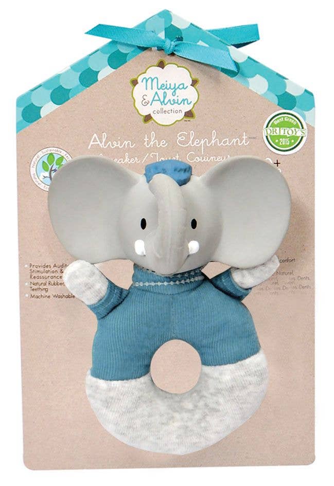 Tikiri Toys - Alvin the Elephant Soft Rattle w/Natural Organic Rubber Head