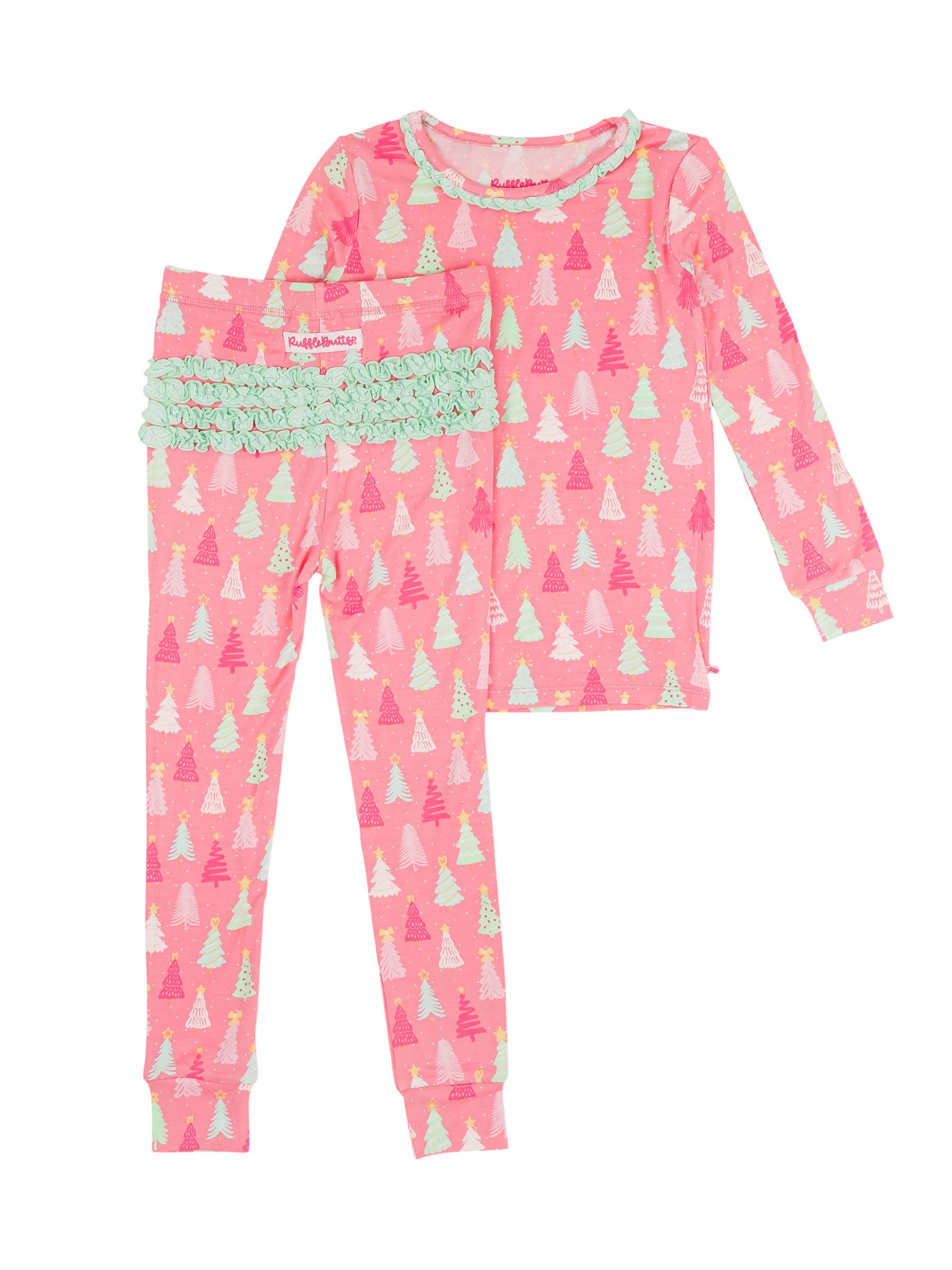 RuffleButts - Merry Pink Pines Bamboo Ruffle Long Sleeve Pajama Set