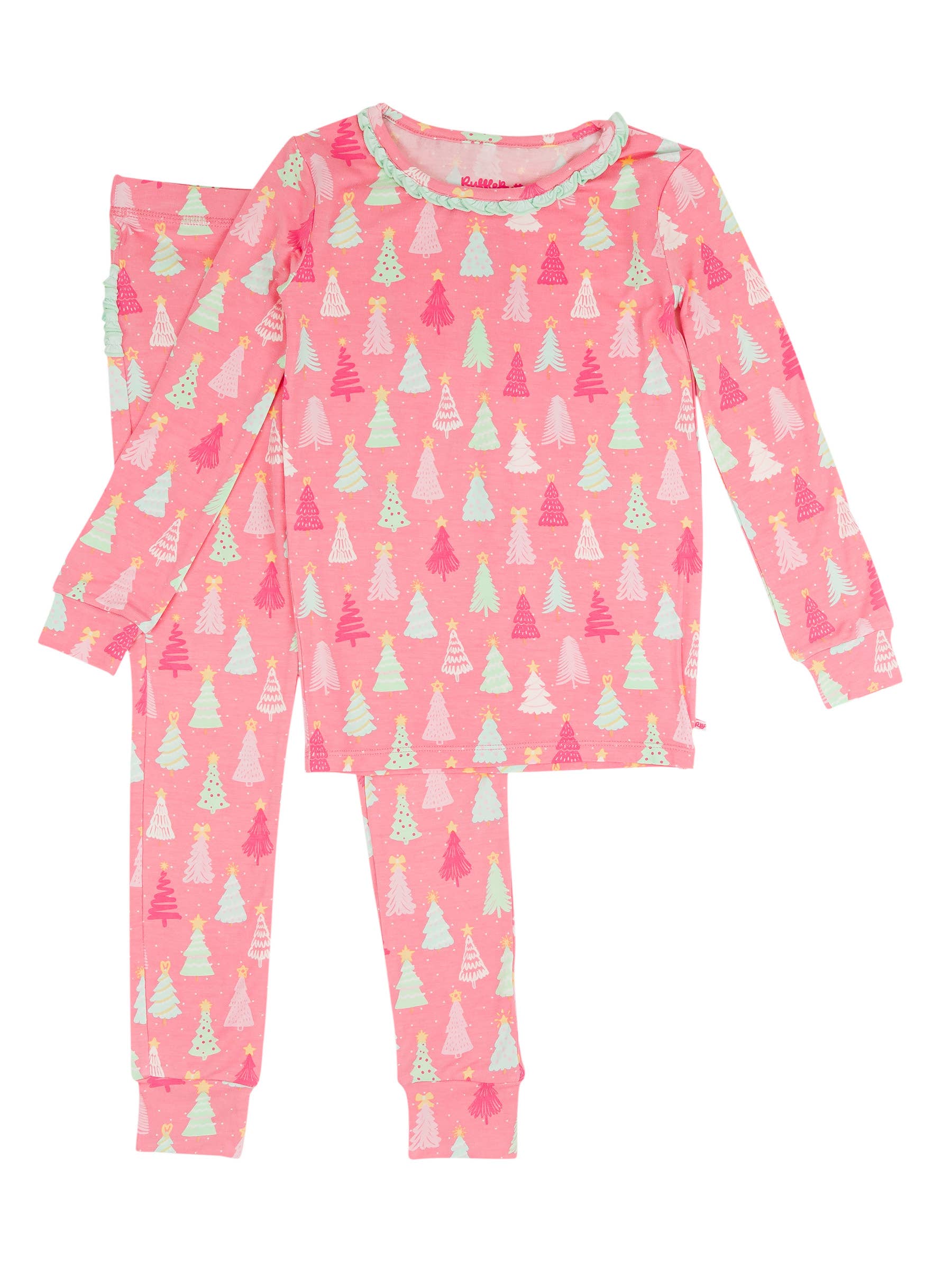 RuffleButts - Merry Pink Pines Bamboo Ruffle Long Sleeve Pajama Set