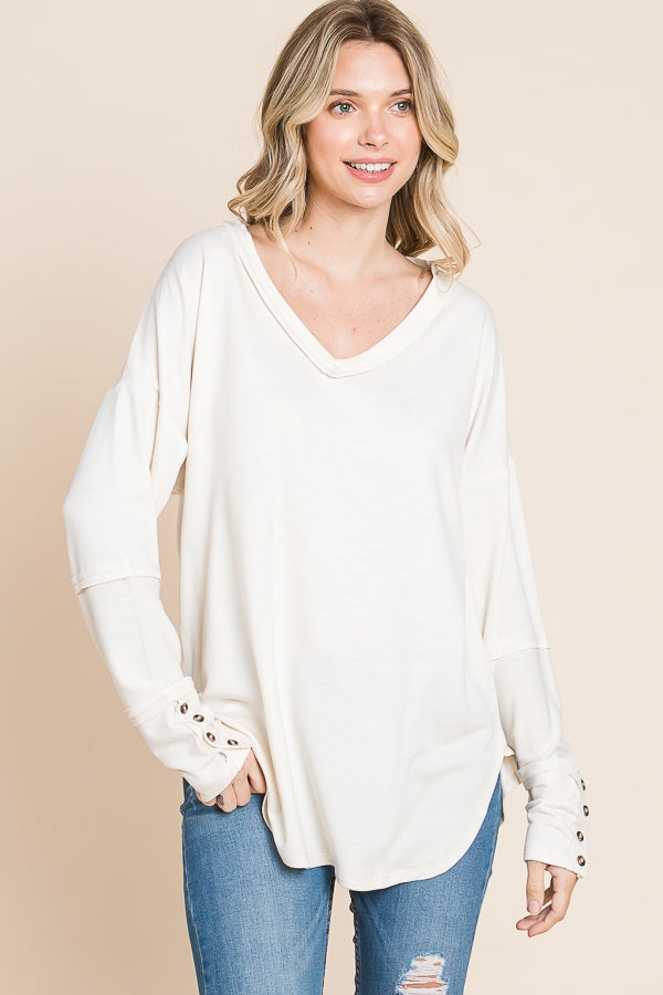 V-Neck Loose Fit Seam-Out Long Sleeve Top - Ecru Cream