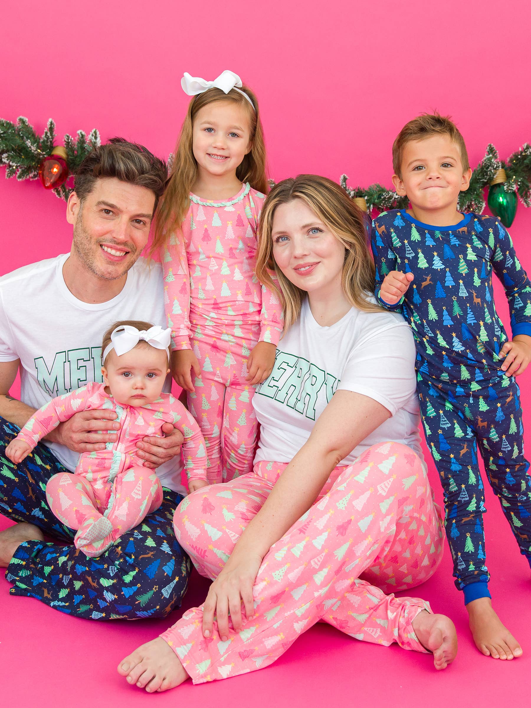 RuffleButts - Merry Pink Pines Bamboo Ruffle Long Sleeve Pajama Set