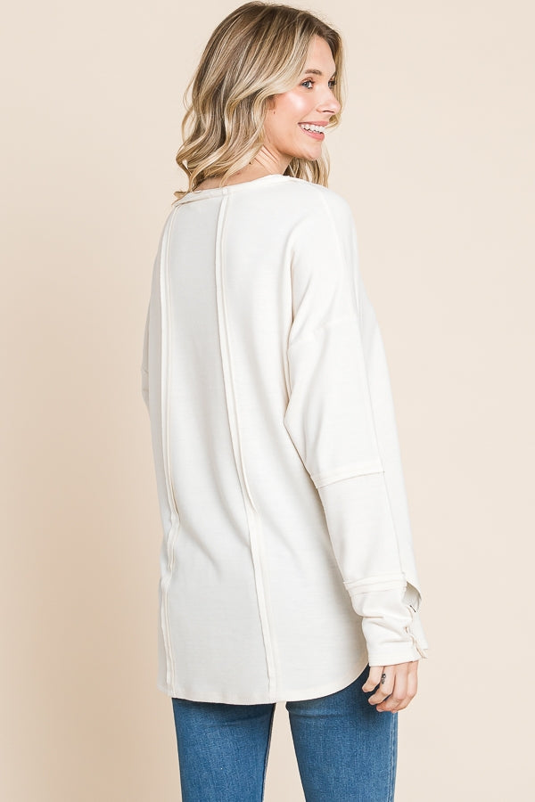 V-Neck Loose Fit Seam-Out Long Sleeve Top - Ecru Cream