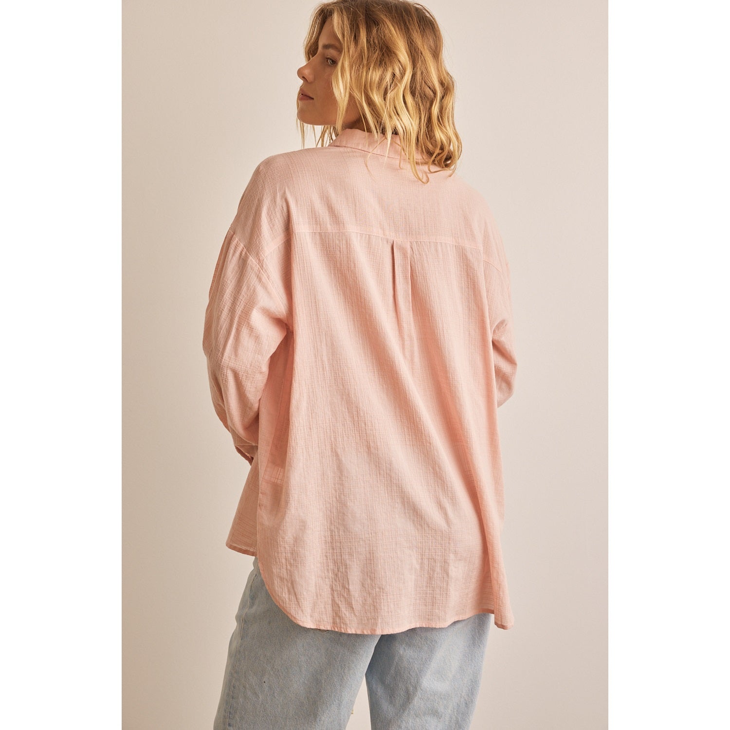 Loose Fit Grid Jacquard Textured Button Down Shirt - Blush (Final Sale)