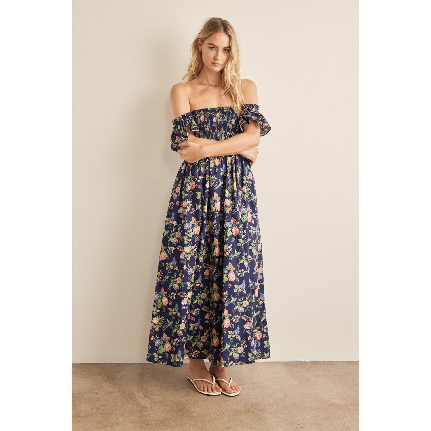 Smocked Off Shoulder Ruffle Sleeve Maxi Dress - Navy/Peach