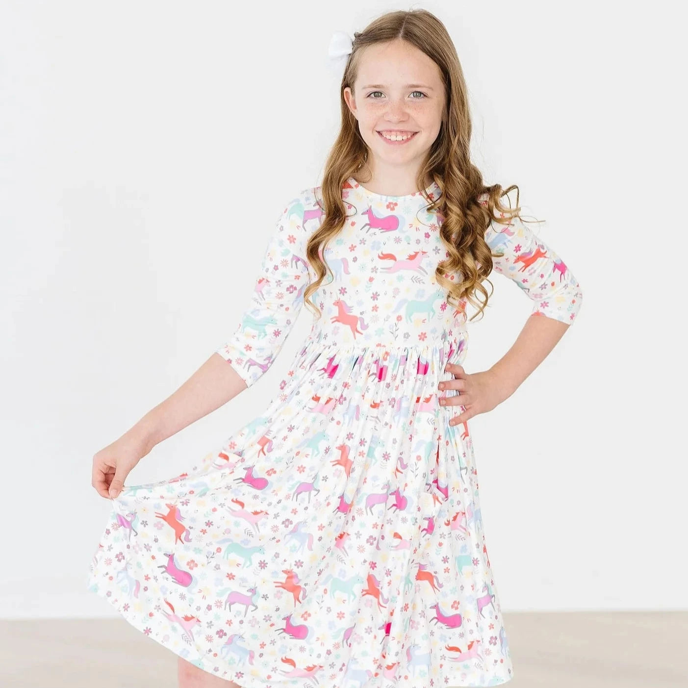 Mila & Rose 3/4 Sleeve Pocket Twirl Dress - Unicorn Wish