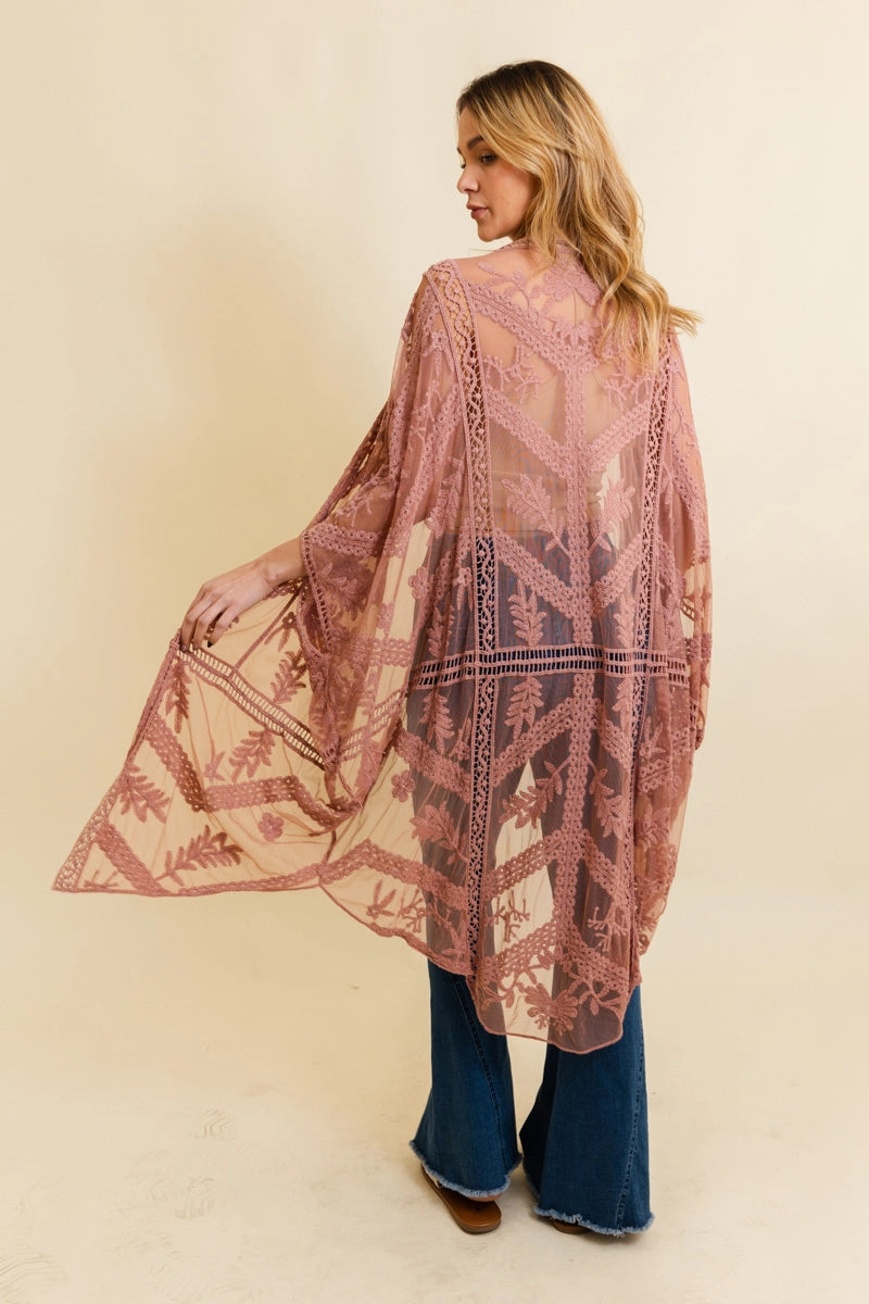 Embroidered Mesh Leaf Botanical Kimono - Rose