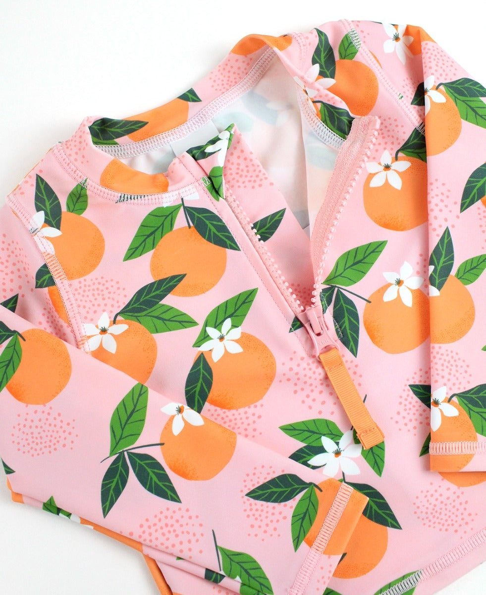 RuffleButts Long Sleeve Zipper Rash Guard Bikini - Orange You The Sweetest (Final Sale)