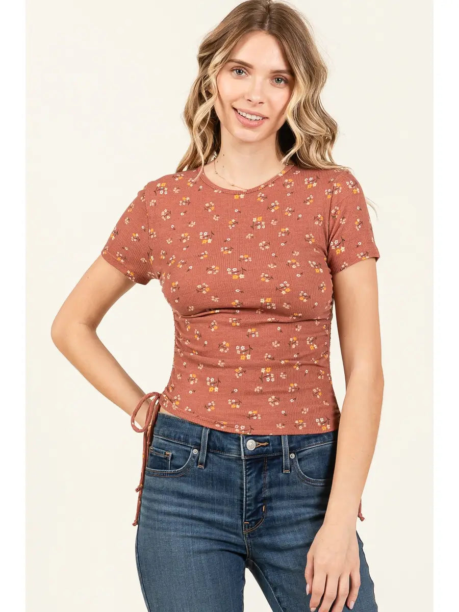 Short Sleeve Drawstring Ruched Side Knit Tee - Ginger Floral (Final Sale)