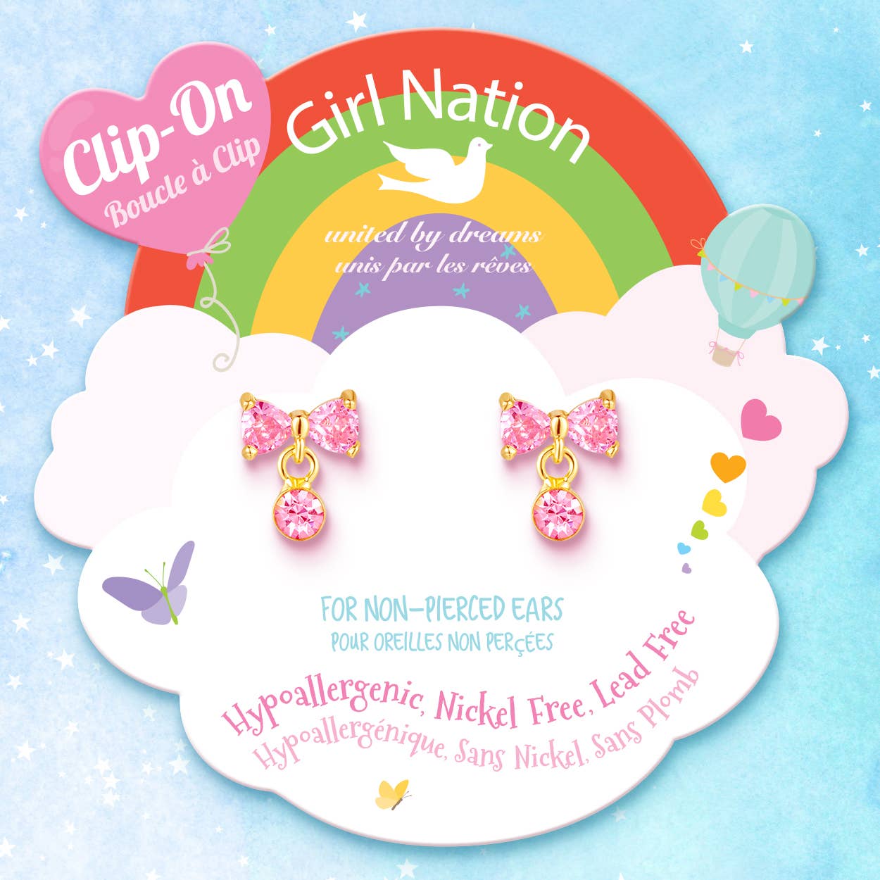 Girl Nation CLIP ON Earrings - Bow with Pink CZ