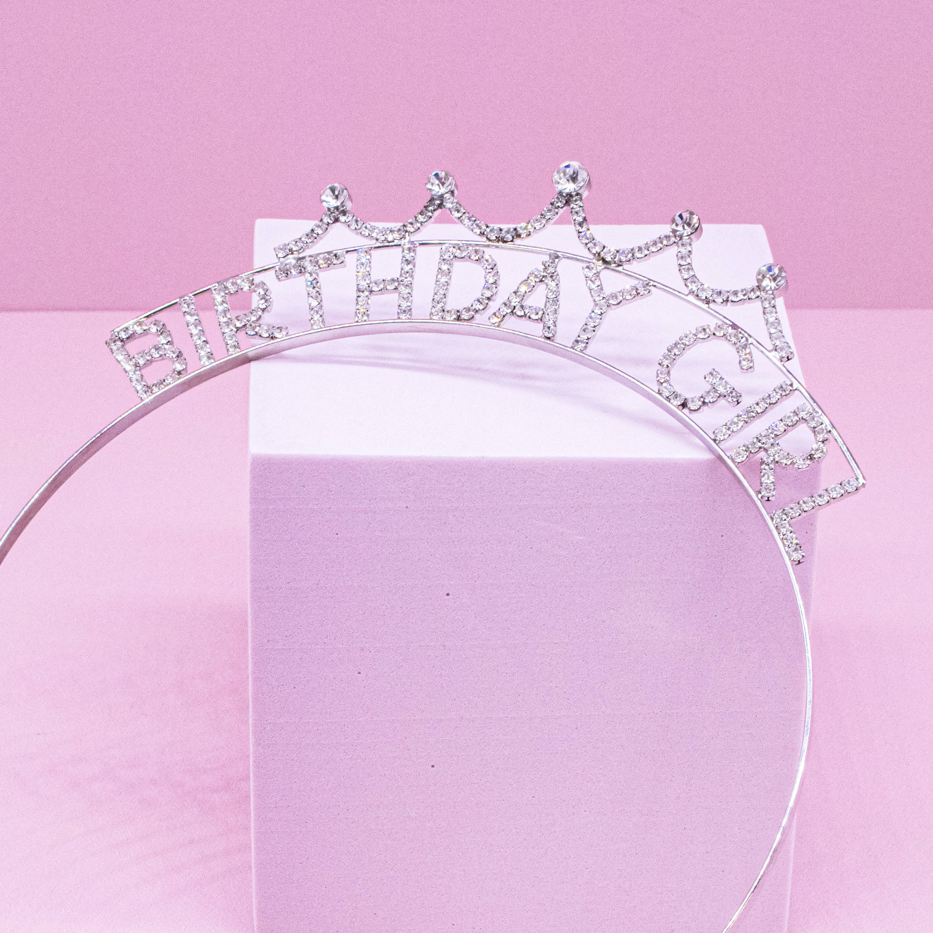 Rhinestone Birthday Girl Tiara Crown Headband - Gold or Silver