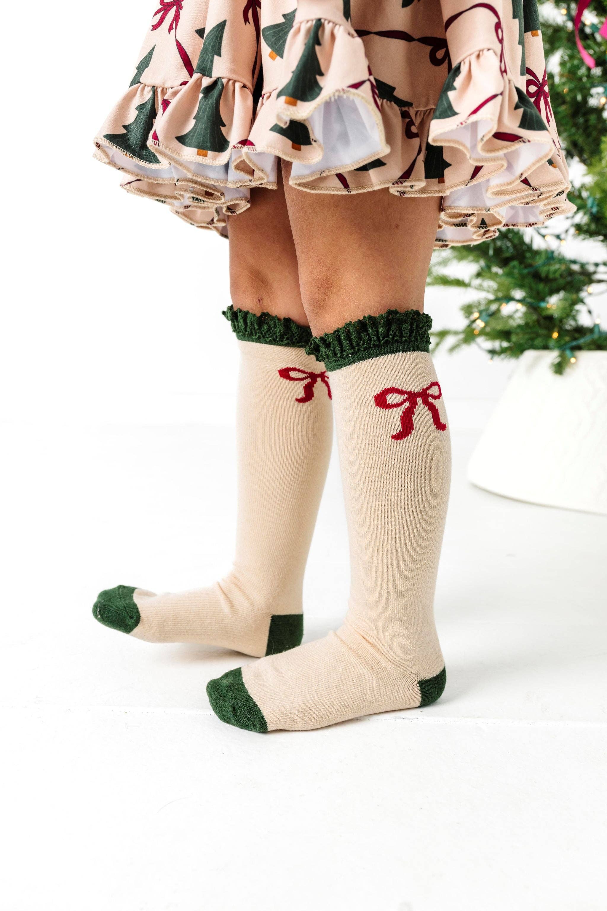 Little Stocking Co. Lace Top Knee High Socks - Vanilla Bow