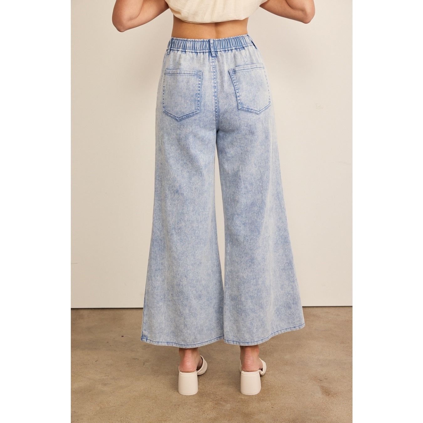 Wide Leg Denim Pants with Elastic Waistband - Denim Blue