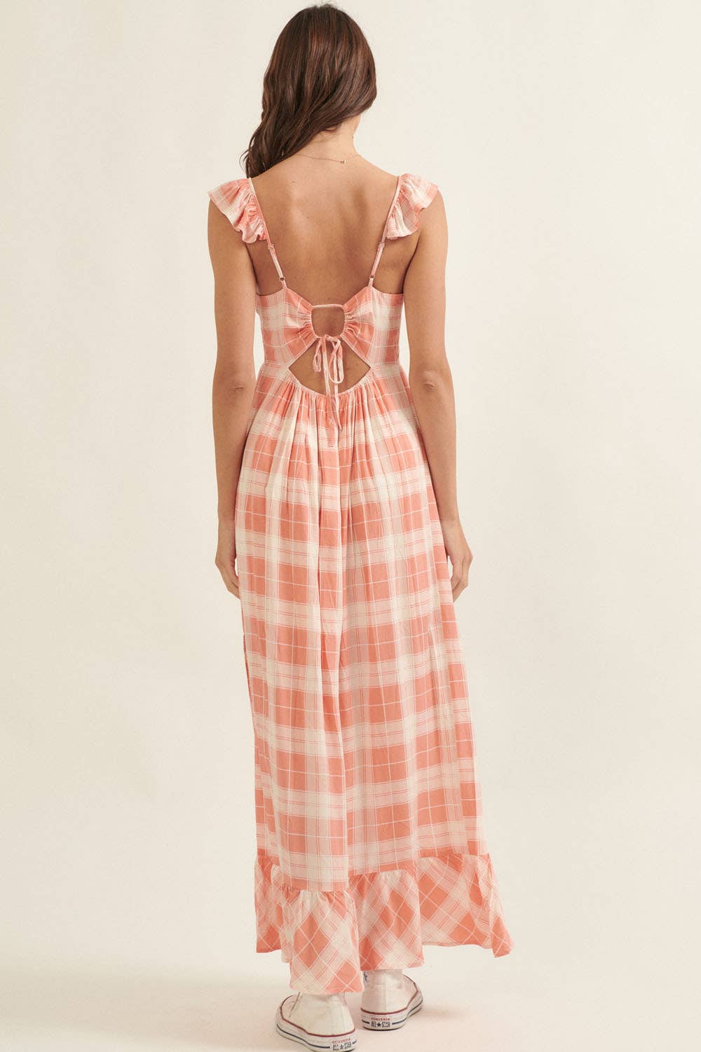 Coral Plaid Sweetheart Sleeveless Open Back Maxi Dress (Final Sale)