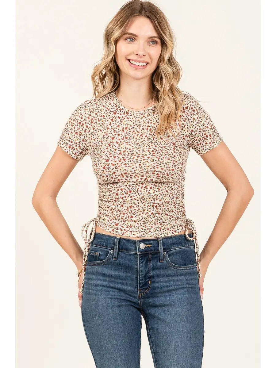 Short Sleeve Drawstring Ruched Side Knit Tee - Cream Floral