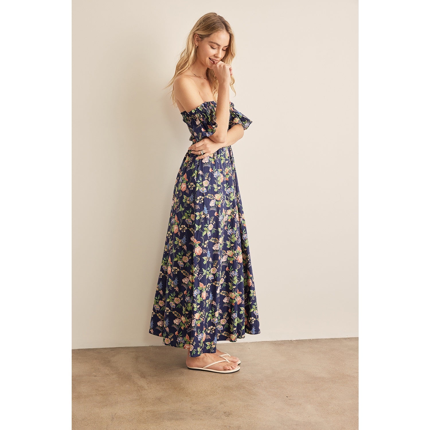 Smocked Off Shoulder Ruffle Sleeve Maxi Dress - Navy/Peach