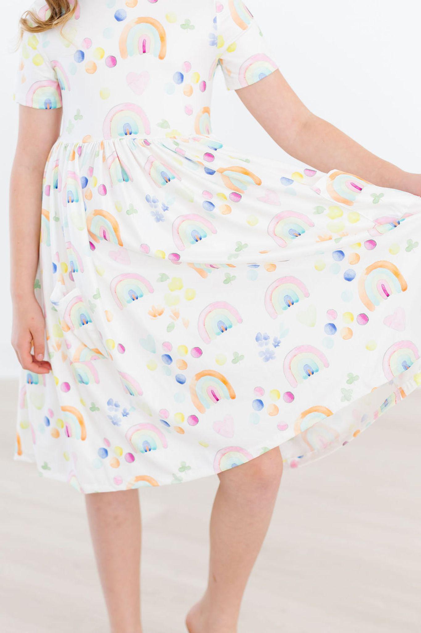 Mila & Rose Short Sleeve Pocket Twirl Dress - Watercolor Rainbows (Final Sale)