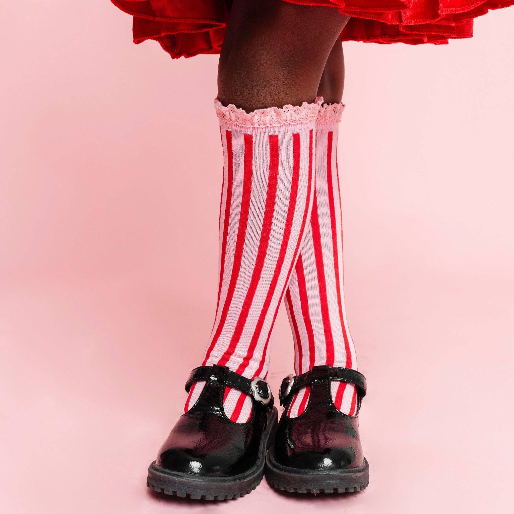 Little Stocking Co. Lace Top Knee High Socks - Candy Stripe