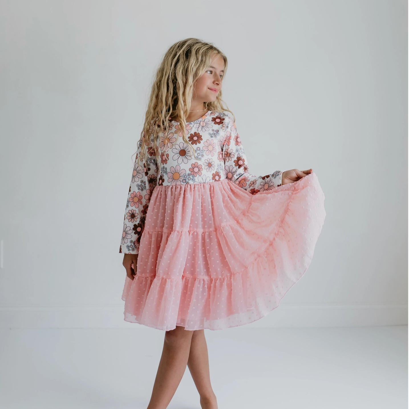 Pink Retro Flower Print Swiss Dot Tulle Dress