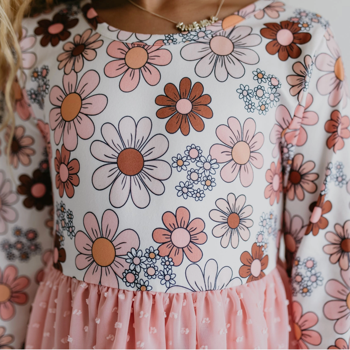 Pink Retro Flower Print Swiss Dot Tulle Dress