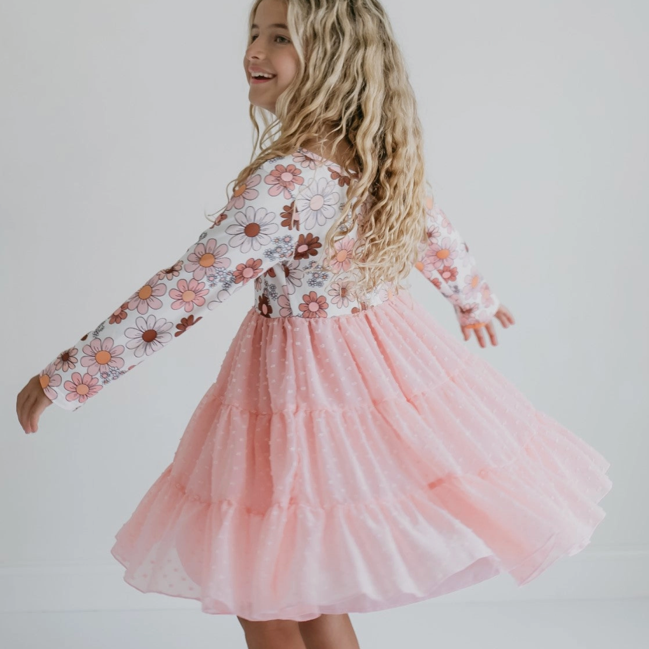 Pink Retro Flower Print Swiss Dot Tulle Dress