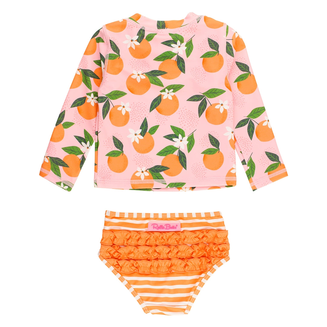 RuffleButts Long Sleeve Zipper Rash Guard Bikini - Orange You The Sweetest