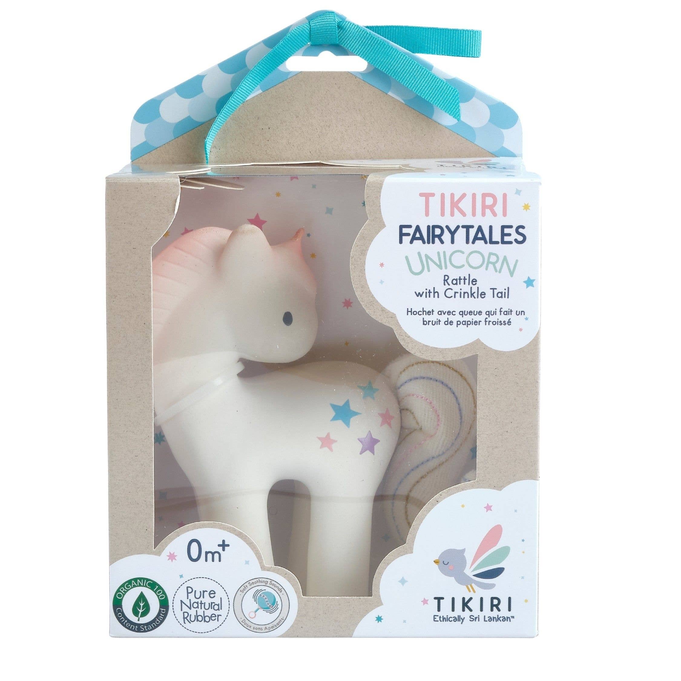 Tikiri Toys - Cotton Candy Unicorn Natural Rubber Rattle w/Crinkle Tail