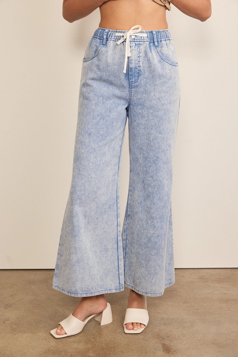 Wide Leg Denim Pants with Elastic Waistband - Denim Blue