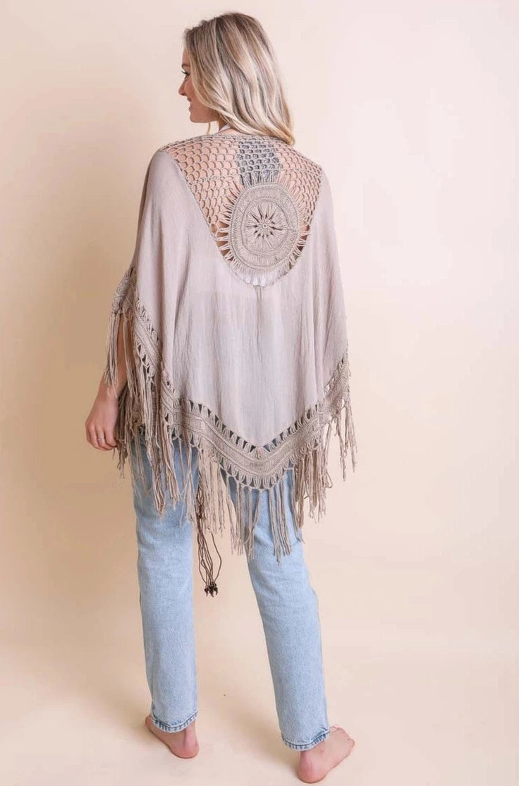 Trendy Boho Chic Kimono with Medallion Crochet Back - Mocha